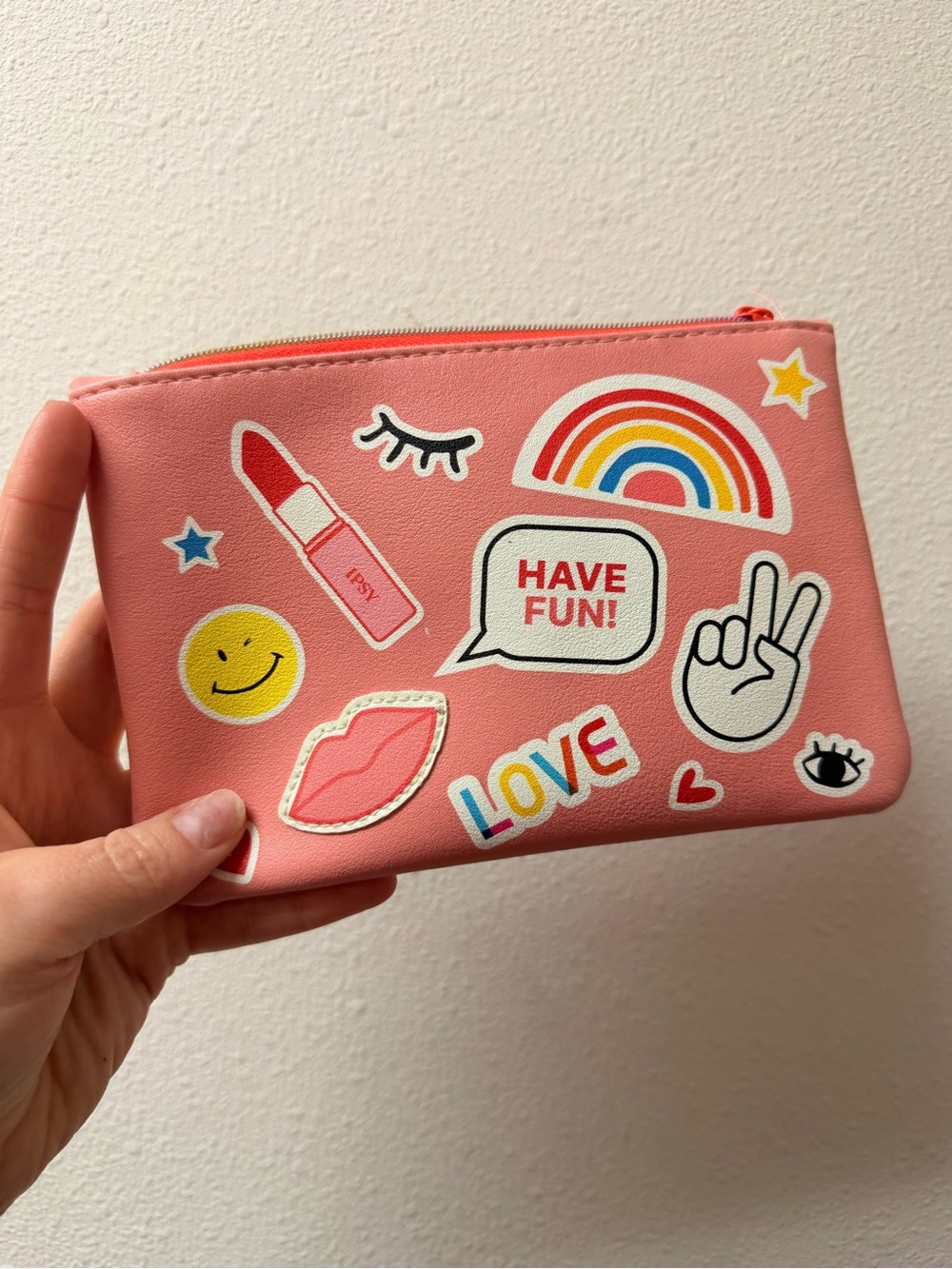ipsy Pink Sticker Zip Pouch with Rainbow & Smile
